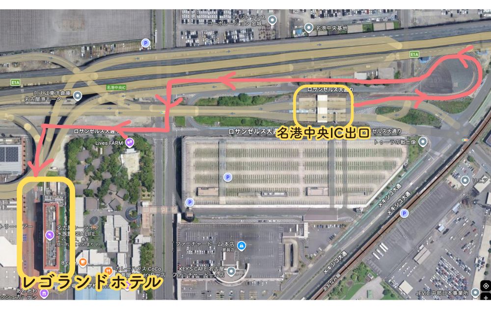 名港中央インターからレゴランドホテルまでのアクセスを解説した図解