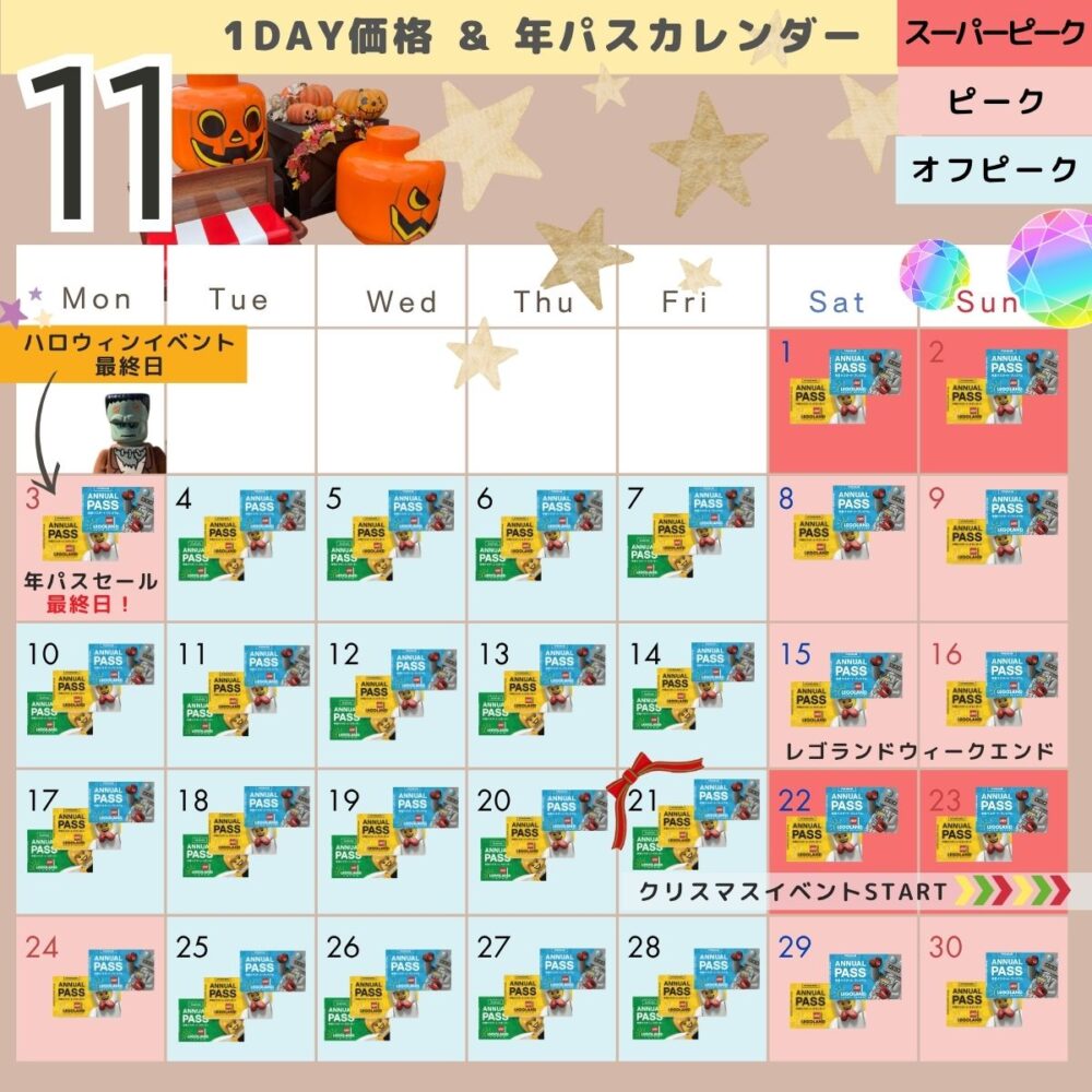 レゴランドの混雑状況・年パスカレンダー11月(レゴハピ)