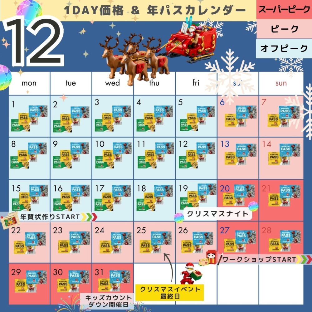 レゴランドの混雑状況・年パスカレンダー12月(レゴハピ)