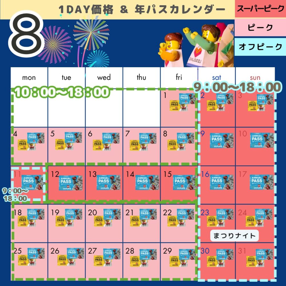 レゴランドの年パス・混雑状況カレンダー8月