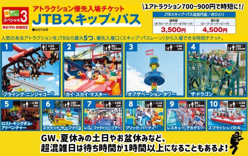 レゴランドホテルのチケット付き予約はJTB特典紹介（スキップパス）